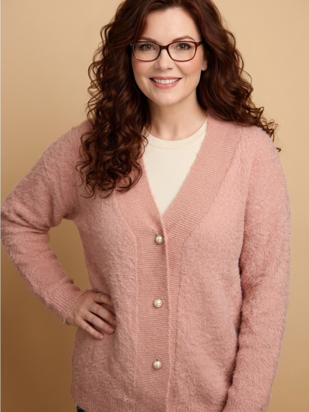 2195 - Soft Pink Fuzzy V-Neck Button Cardigan Sweater